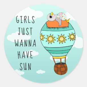 Sticker Rond Funny coloré Kawaii Bird Hot Air Balloon été