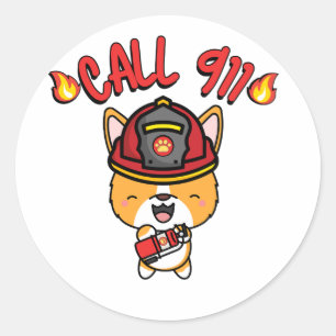 Sticker Rond Funny Corgi chien est pompier