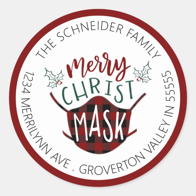 Sticker Rond Funny COVID-19 MERRY ChristMASK Adresse de retour (Devant)
