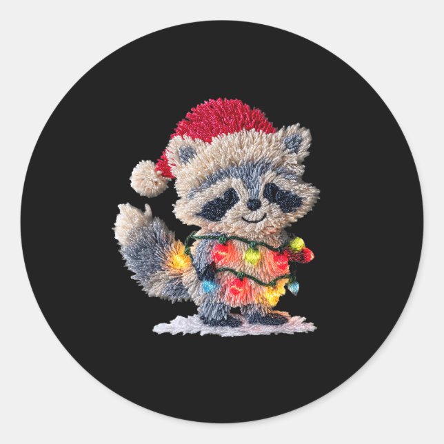 Sticker Rond Funny Crochet Christmas Raccoon Xmas Lights Girly  (Devant)
