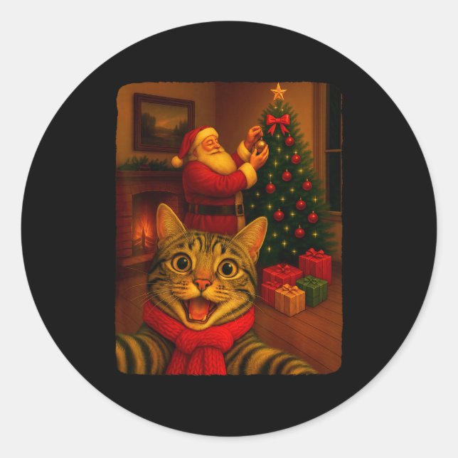 Sticker Rond Funny Cute Cat Selfie With Santa Christmas Xmas Wo (Devant)