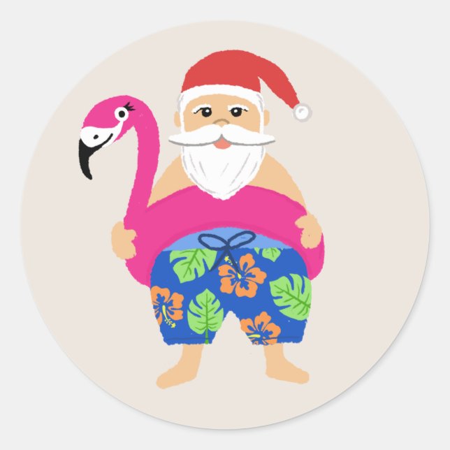 Sticker Rond Funny Cute Tropical Père Noël Holiday Pool Flotte (Devant)