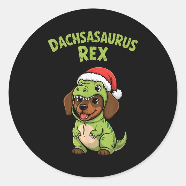 Sticker Rond Funny Dachshund Dog T-rex Costume Christmas Kids B (Devant)