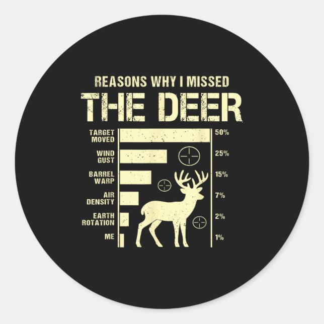 Sticker Rond Funny Deer Hunting Reasons Why I Missed The Deer H (Devant)
