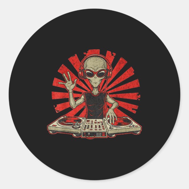 Sticker Rond Funny Dj Graphic Tee Music Lover Alien Dj Music Mi (Devant)