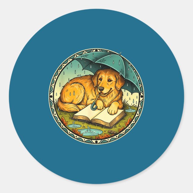 Sticker Rond Funny Dog Reading Book Rain Cozy Umbrella Cute Art (Devant)