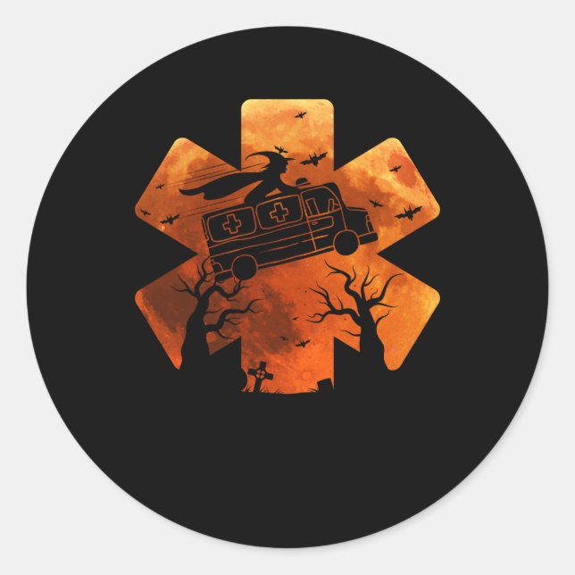 Sticker Rond Funny EMT Paramedic EMS Halloween Witch Riding Amb (Devant)