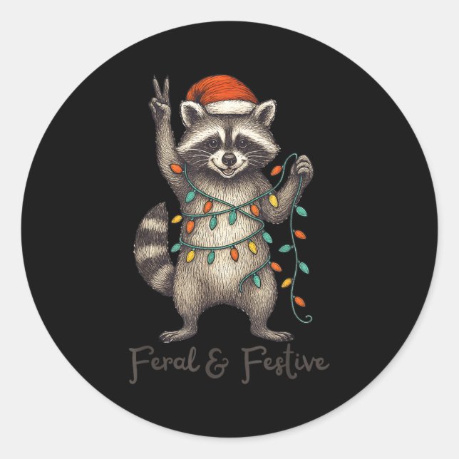 Sticker Rond Funny Feral And Festive Raccoon Santa Hat Retro Ch (Devant)