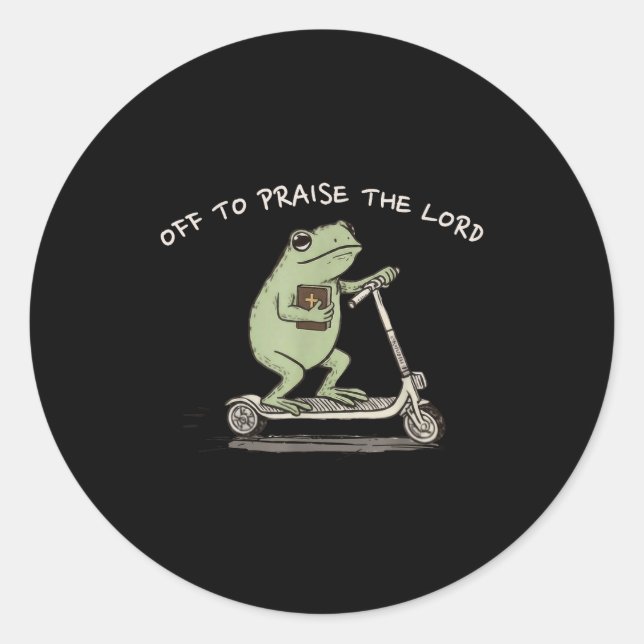 Sticker Rond Funny Frog Off To Praise The Lord Christian Scoote (Devant)
