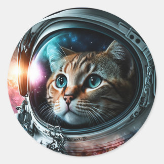 Sticker Rond Funny Galaxy Space Cat Astronaut Birthday Party