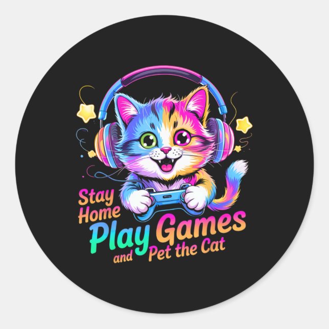 Sticker Rond Funny Gamer Cat Stay Home1  (Devant)
