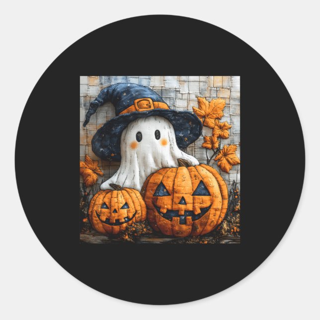 Sticker Rond Funny Ghost Pumpkin Cute Halloween Patchwork Art  (Devant)