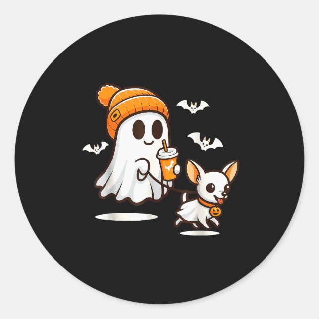 Sticker Rond Funny Ghost Walking Chihuahua Dog Halloween Women  (Devant)