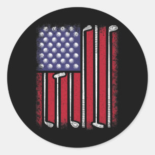 Sticker Rond Funny Golf American Flag Golf Player Vintage Golfe