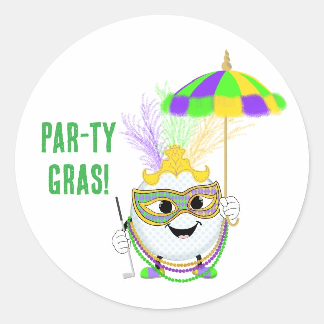 Sticker Rond Funny Golf Ball Celebrating Mardi Gras  (Devant)