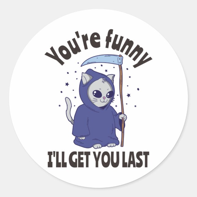Sticker Rond Funny Grim Reaper Cat Halloween Costume (Devant)