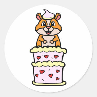 Sticker Rond Funny Hamster sautant d'un gâteau