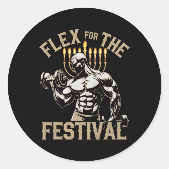 Sticker Rond Funny Hanoukka Jewish Gym Workout Flex Festival (Devant)