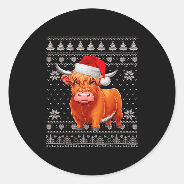 Sticker Rond Funny Highland Cow Ugly Christmas Sweater Santa Xm (Devant)