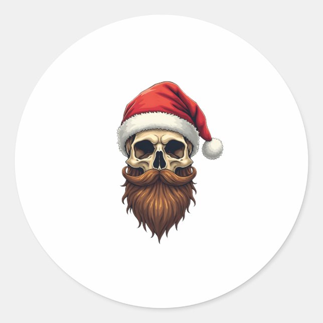 Sticker Rond Funny Hipster Santa Skull Face With Hat Beard Chri (Devant)