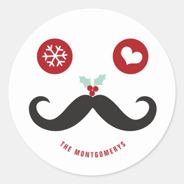 Sticker Rond Funny Holiday Moustache Face Mistletoe Noël (Devant)