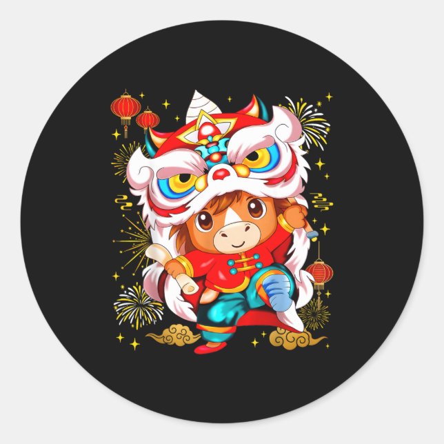 Sticker Rond Funny Horse Lion Dance Chinese New Year Kid Men  (Devant)