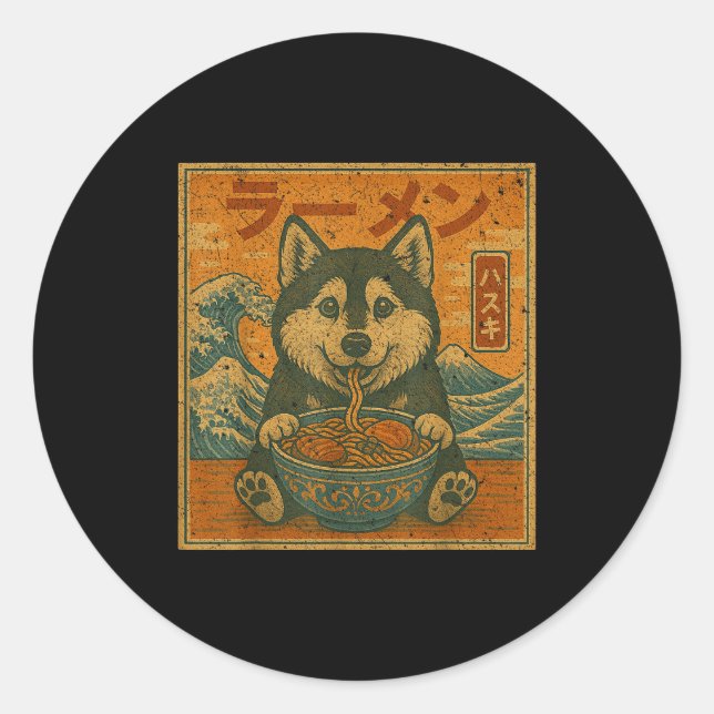 Sticker Rond Funny Kawaii Ramen Husky Japanese Noodles Husky Ea (Devant)