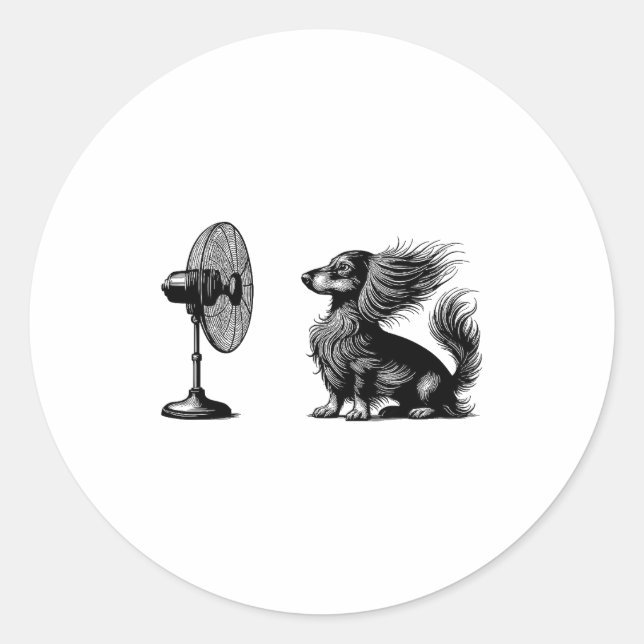 Sticker Rond Funny Long Haired Dachshund Dog With Fan Doxie Wie (Devant)