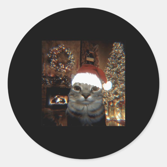 Sticker Rond Funny Meme Cat Taking A Selfie Christmas Xmas Ligh (Devant)