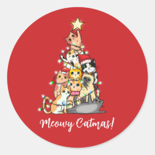 Sticker Rond Funny Meowy Catmas Chats Noël Arbre