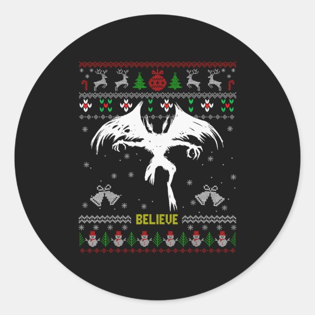 Sticker Rond Funny Mothman Ugly Christmas Sweater Believe Crypt (Devant)