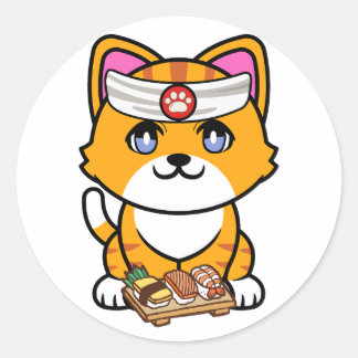Sticker Rond Funny orange cat est un chef sushi