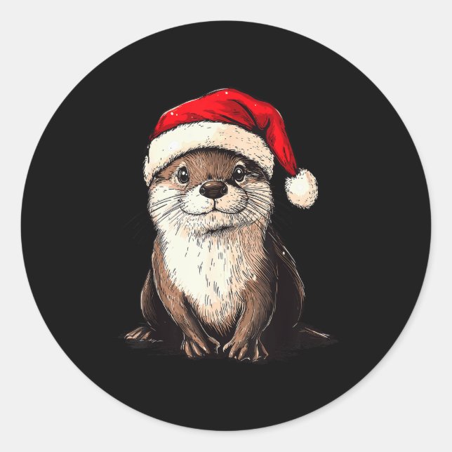 Sticker Rond Funny Otter Santa Hat Xmas Otter Lovers Christmas  (Devant)