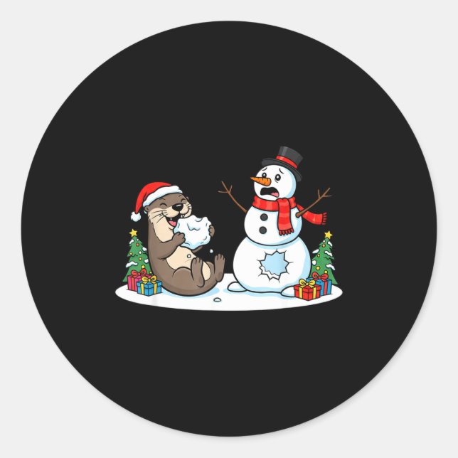 Sticker Rond Funny Otter Snowman Christmas Tree Xmas Womens Men (Devant)