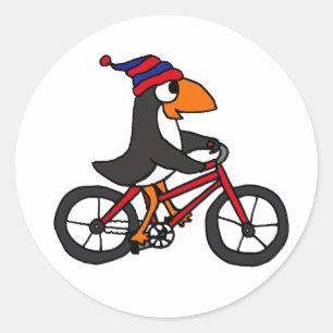 Sticker Rond Funny Penguin équitation Bicycle rouge