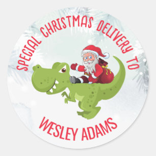 Sticker Rond Funny Père Noël chevauchant un dinosaure livraison