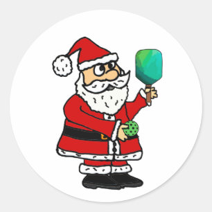 Sticker Rond Funny Père Noël Jouer au Pickleball Noël