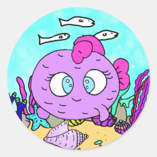 Sticker Rond Funny Poisson pourpre Créatures de la mer plage