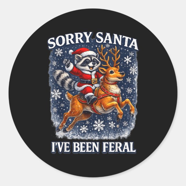 Sticker Rond Funny Raccoon Riding Reindeer Sorry Santa Christma (Devant)