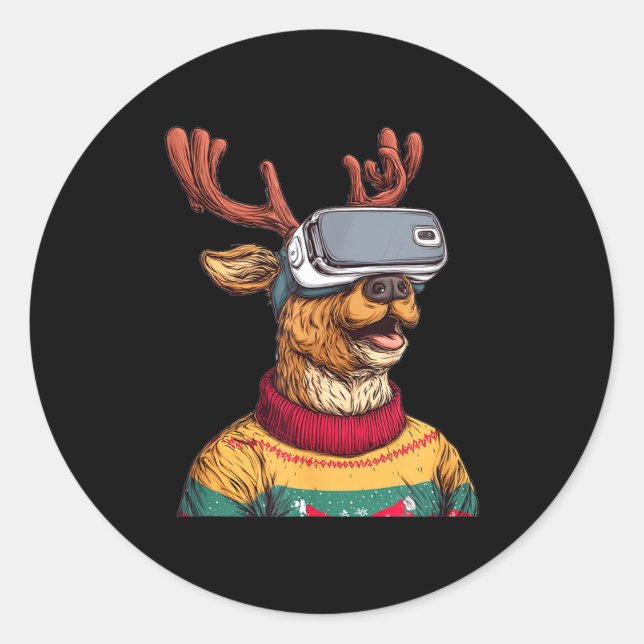 Sticker Rond Funny Reindeer In Christmas Sweater And Vr Headset (Devant)