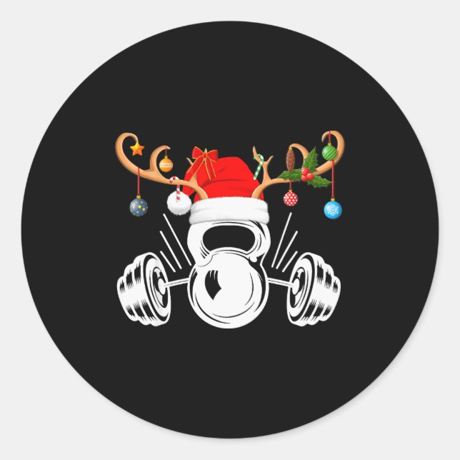 Sticker Rond Funny Reindeer Santa Hat Weightlifting Fitness Chr (Devant)