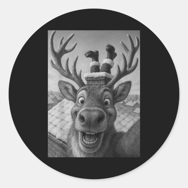 Sticker Rond Funny Reindeer Selfie Santa Boys Girls Christmas  (Devant)