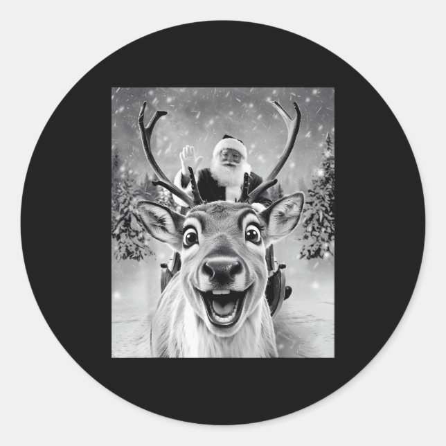 Sticker Rond Funny Reindeer Selfie Santa Christmas Men Women Ki (Devant)