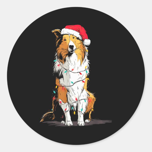 Sticker Rond Funny Rough Collie Christmas Graphics Dog Lights L (Devant)