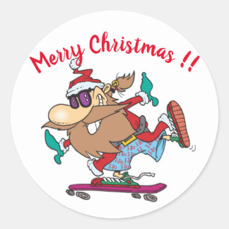 Sticker Rond Funny Santa Claus Skateboard Noël
