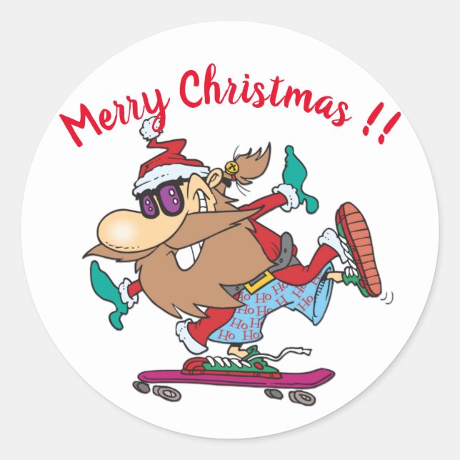 Sticker Rond Funny Santa Claus Skateboard Noël (Devant)
