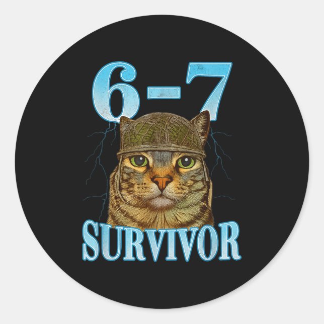 Sticker Rond Funny Saying 67 Cats Tummy Ache Survivor Cat Meme  (Devant)