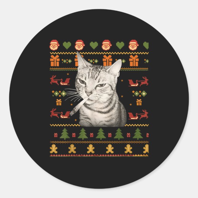 Sticker Rond Funny Smoking Cat Meme Christmas Ugly Sweaters For (Devant)