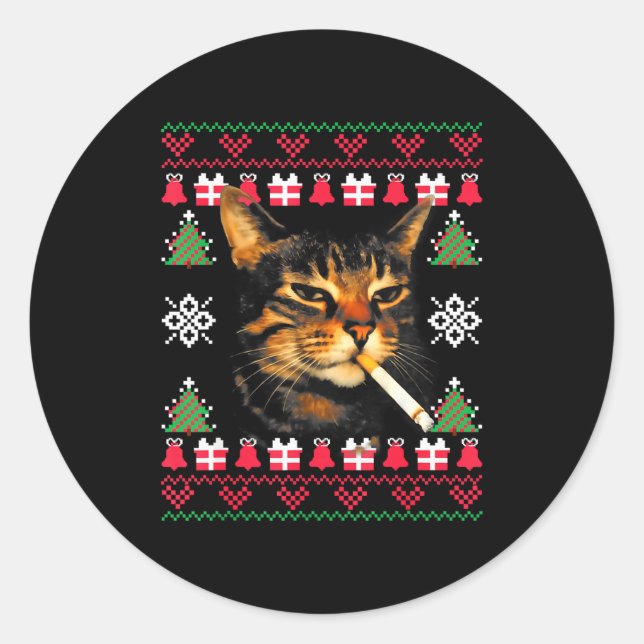 Sticker Rond Funny Smoking Cat Meme Ugly Christmas Sweater For  (Devant)