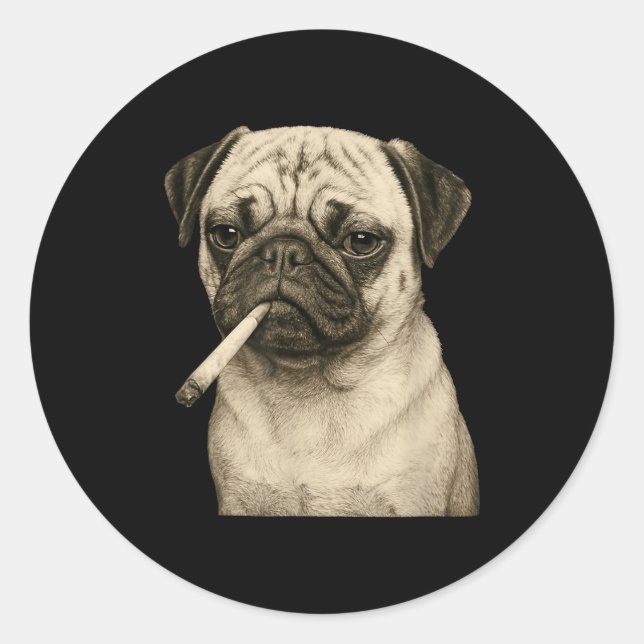Sticker Rond Funny Smoking Pug Dog Cigarette Gen Z Meme Graphic (Devant)